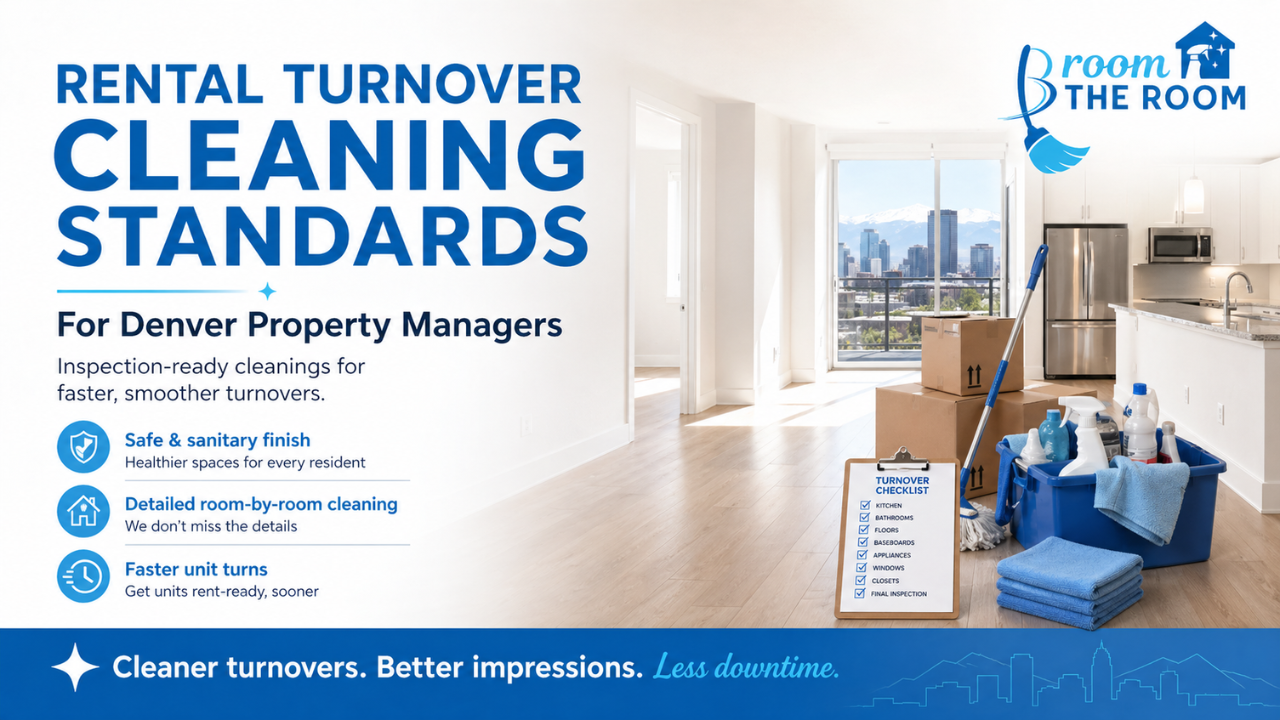 Move out cleaning Denver service for an empty home with cleaning supplies and moving boxes