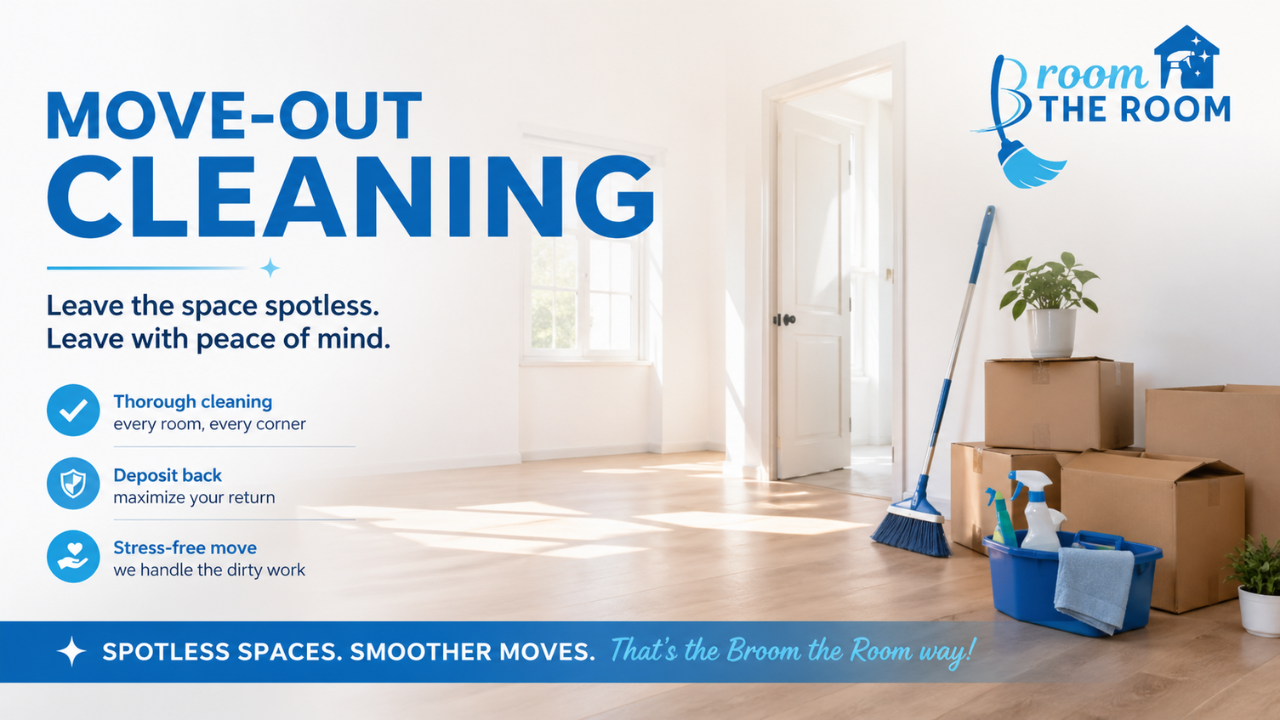 Move out cleaning Denver service for an empty home with cleaning supplies and moving boxes